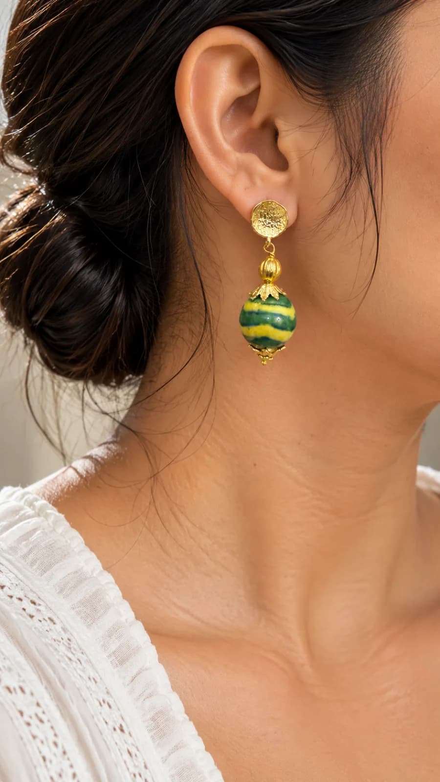 Green and Yellow Stripes  Blue Pottery Earrings — 2