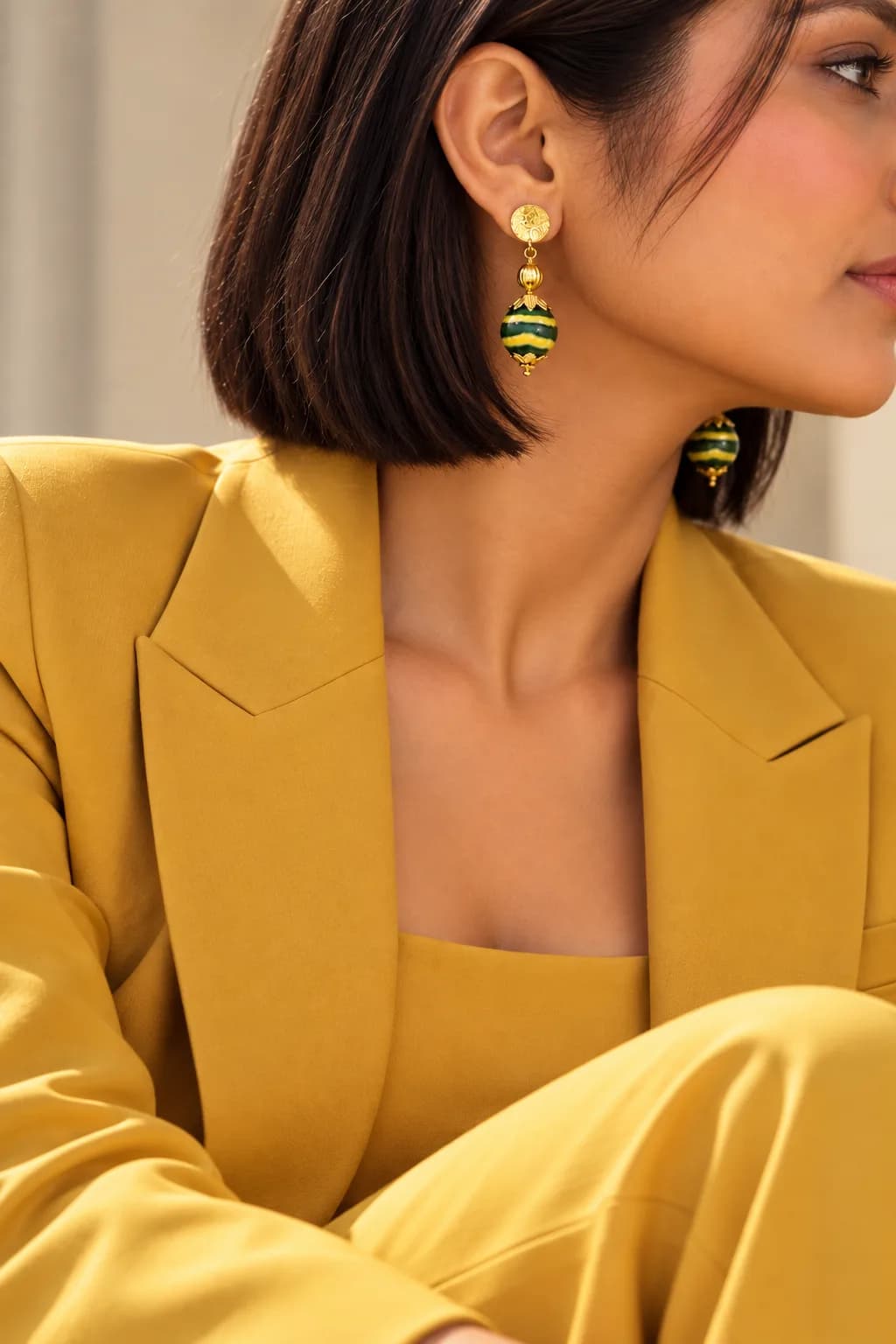 Green and Yellow Stripes  Blue Pottery Earrings — 4