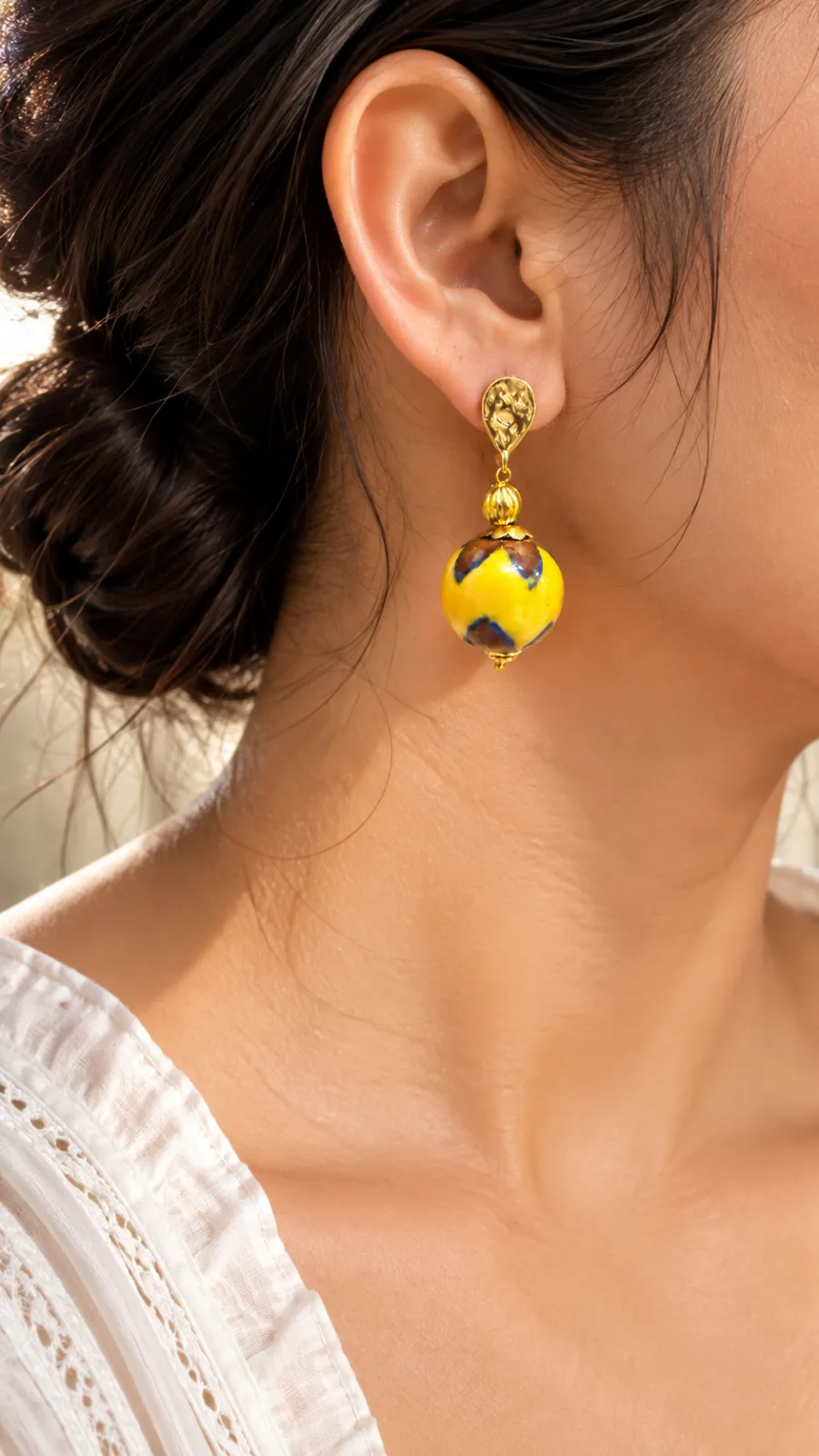 Maroon and Yellow Blue Pottery Earring — 1