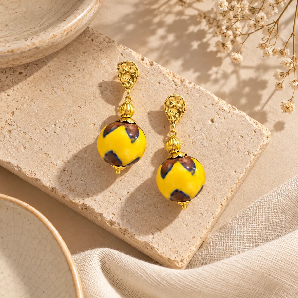 Maroon and Yellow Blue Pottery Earring — 2