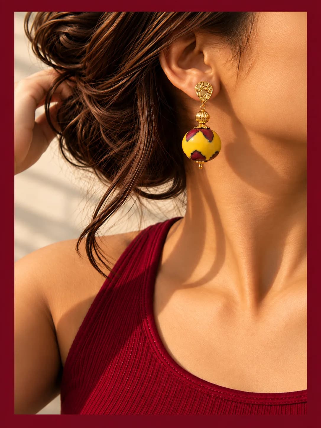 Maroon and Yellow Blue Pottery Earring — 4