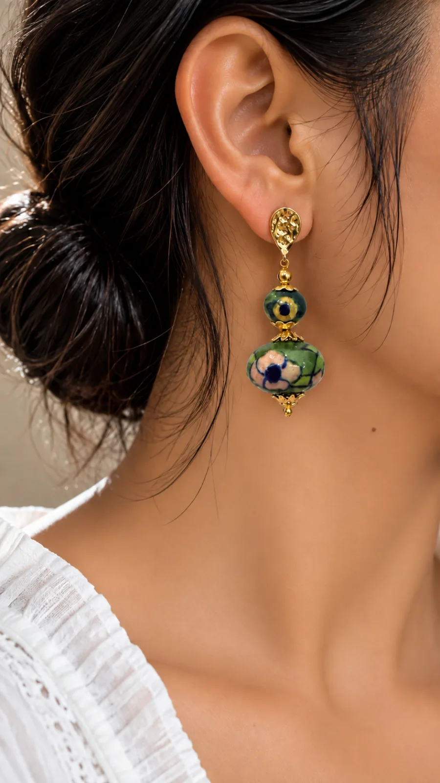 Green and Pink Flower Blue Pottery Earring — 2