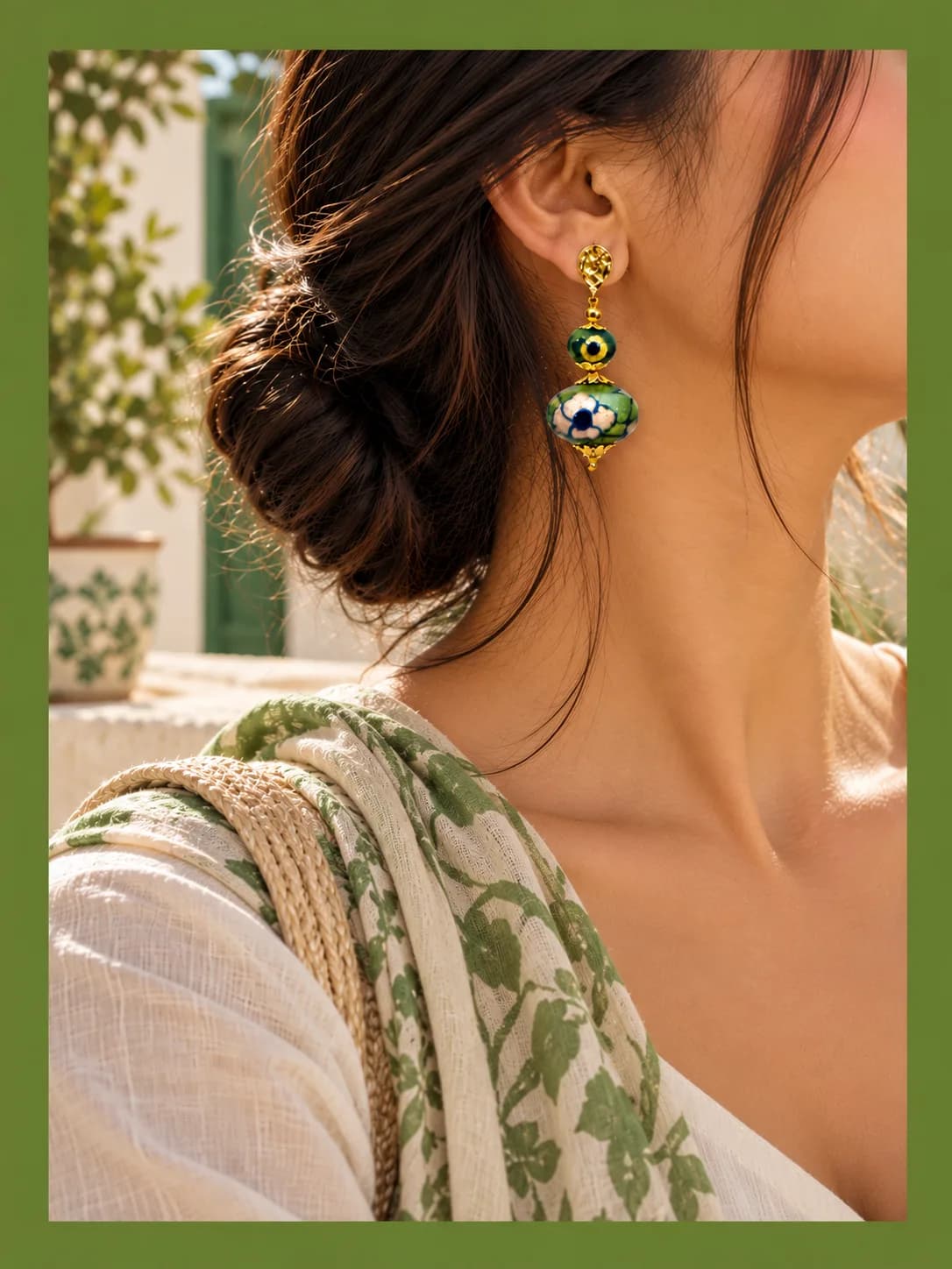 Green and Pink Flower Blue Pottery Earring — 3