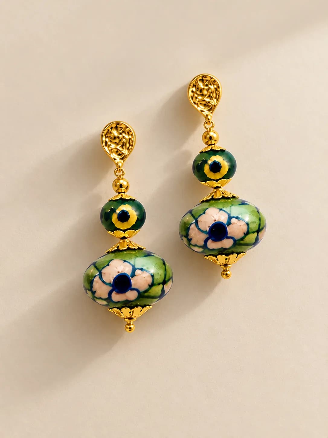 Green and Pink Flower Blue Pottery Earring — 1