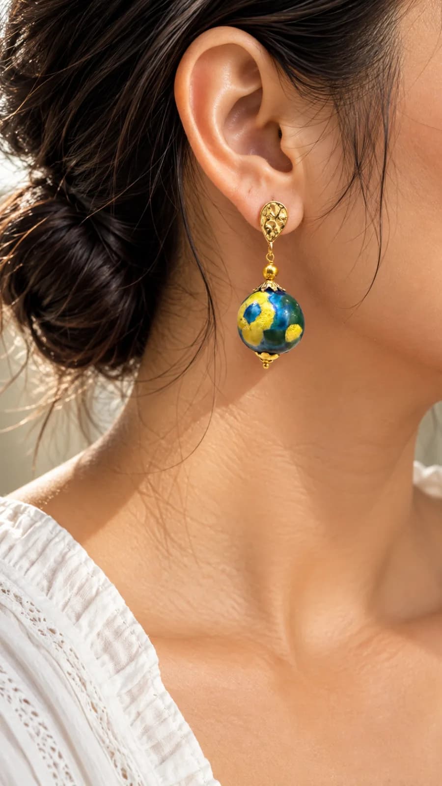 Blue and Yellow Floral Blue Pottery Earring — 1