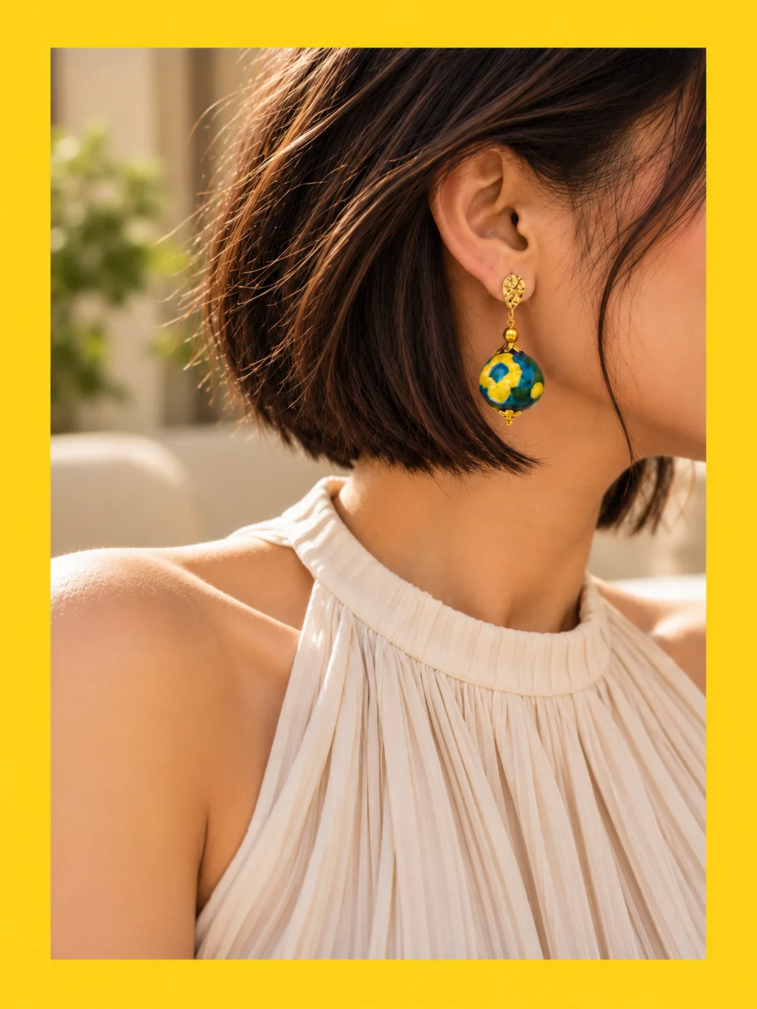 Blue and Yellow Floral Blue Pottery Earring — 3