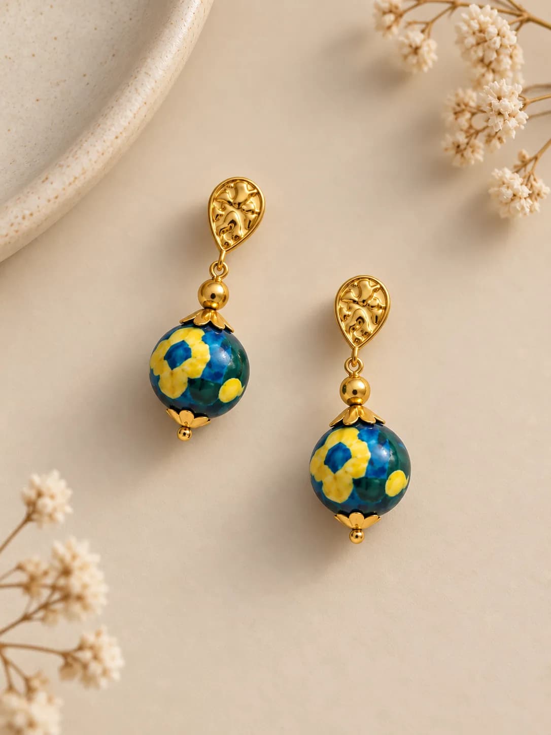 Blue and Yellow Floral Blue Pottery Earring — 4
