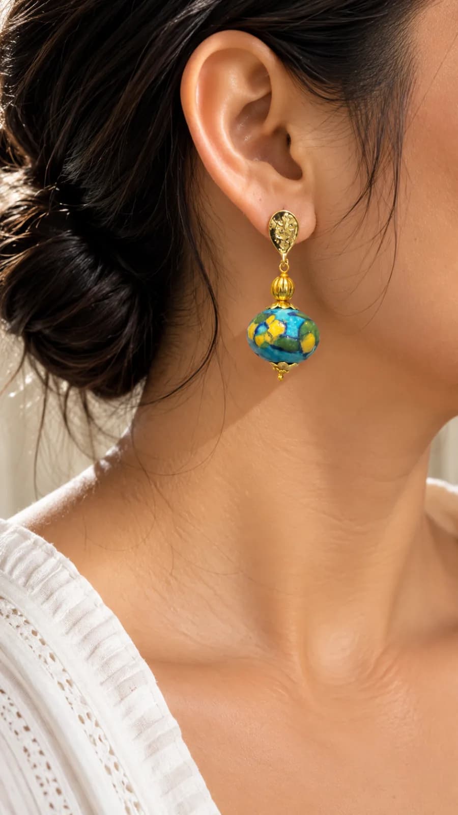 Light Blue and Yellow Floral Blue Pottery Earring — 2