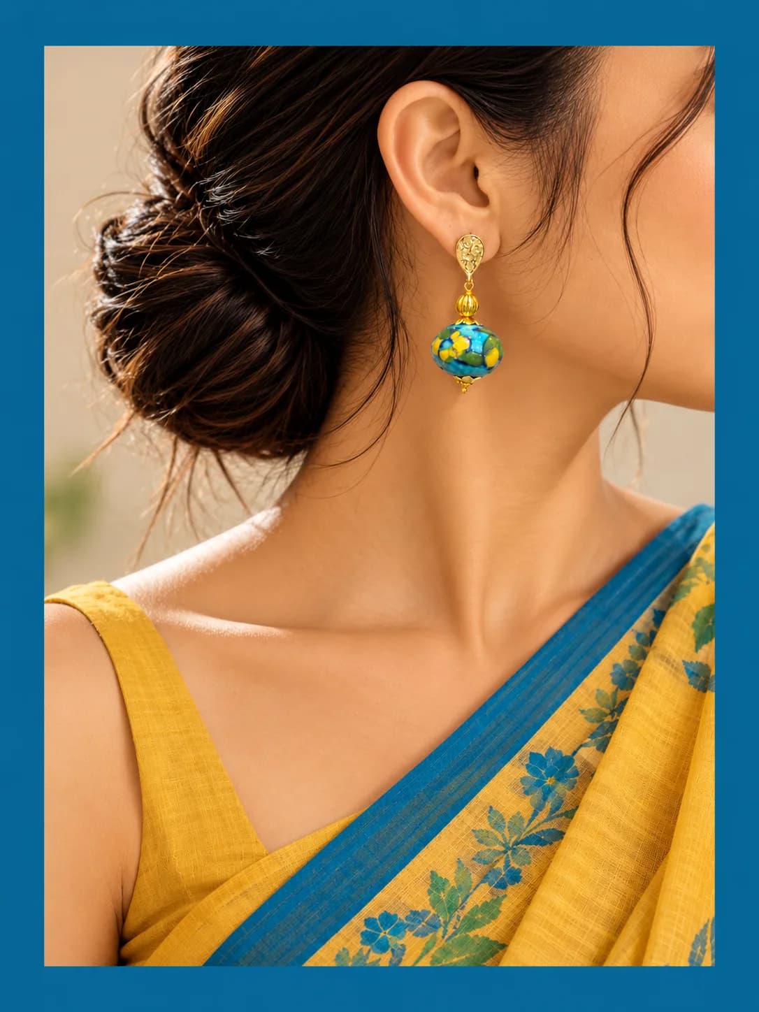 Light Blue and Yellow Floral Blue Pottery Earring — 3
