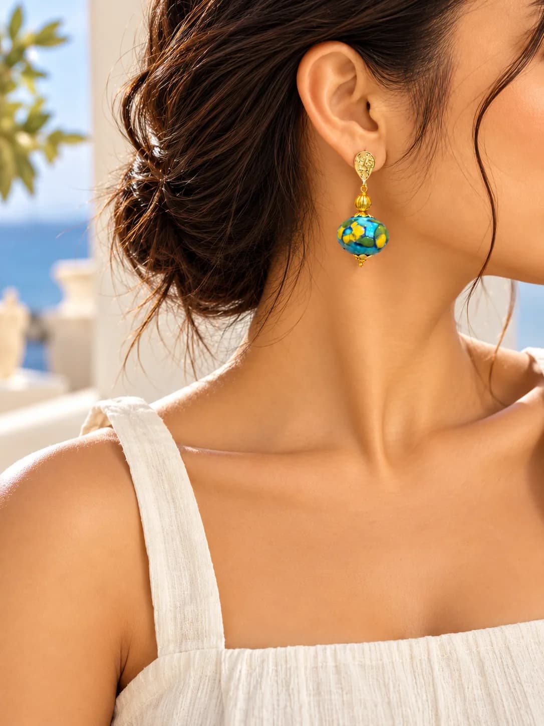 Light Blue and Yellow Floral Blue Pottery Earring — 4