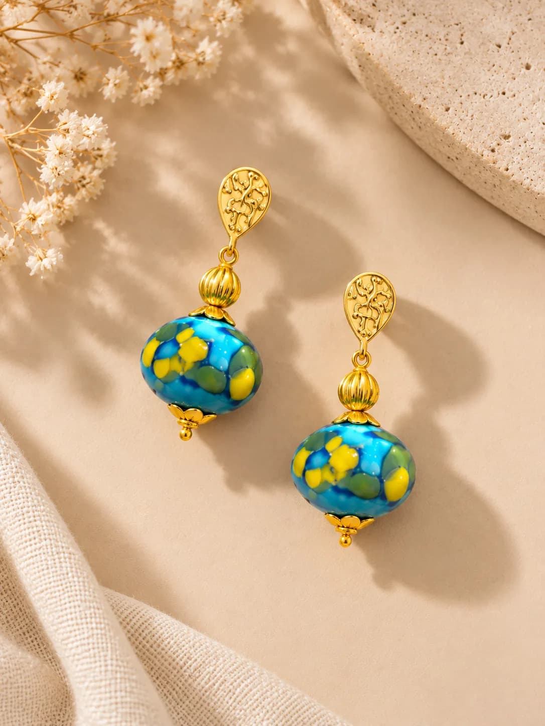 Light Blue and Yellow Floral Blue Pottery Earring — 1