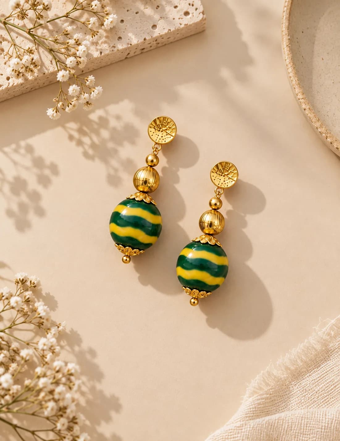 Green and Yellow Stripes  Blue Pottery Earrings — 1