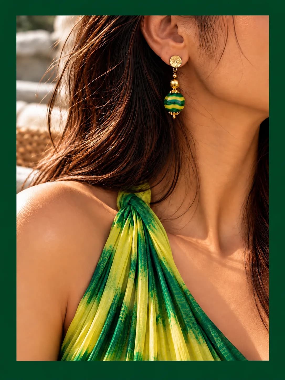 Green and Yellow Stripes  Blue Pottery Earrings — 5