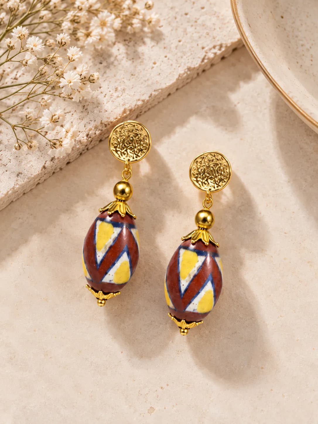 Maroon and Yellow Long Blue Pottery Earring — 1