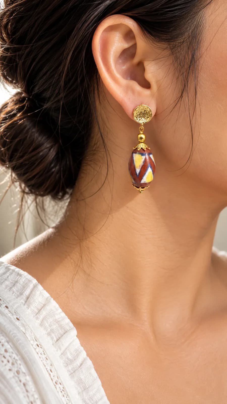 Maroon and Yellow Long Blue Pottery Earring — 3