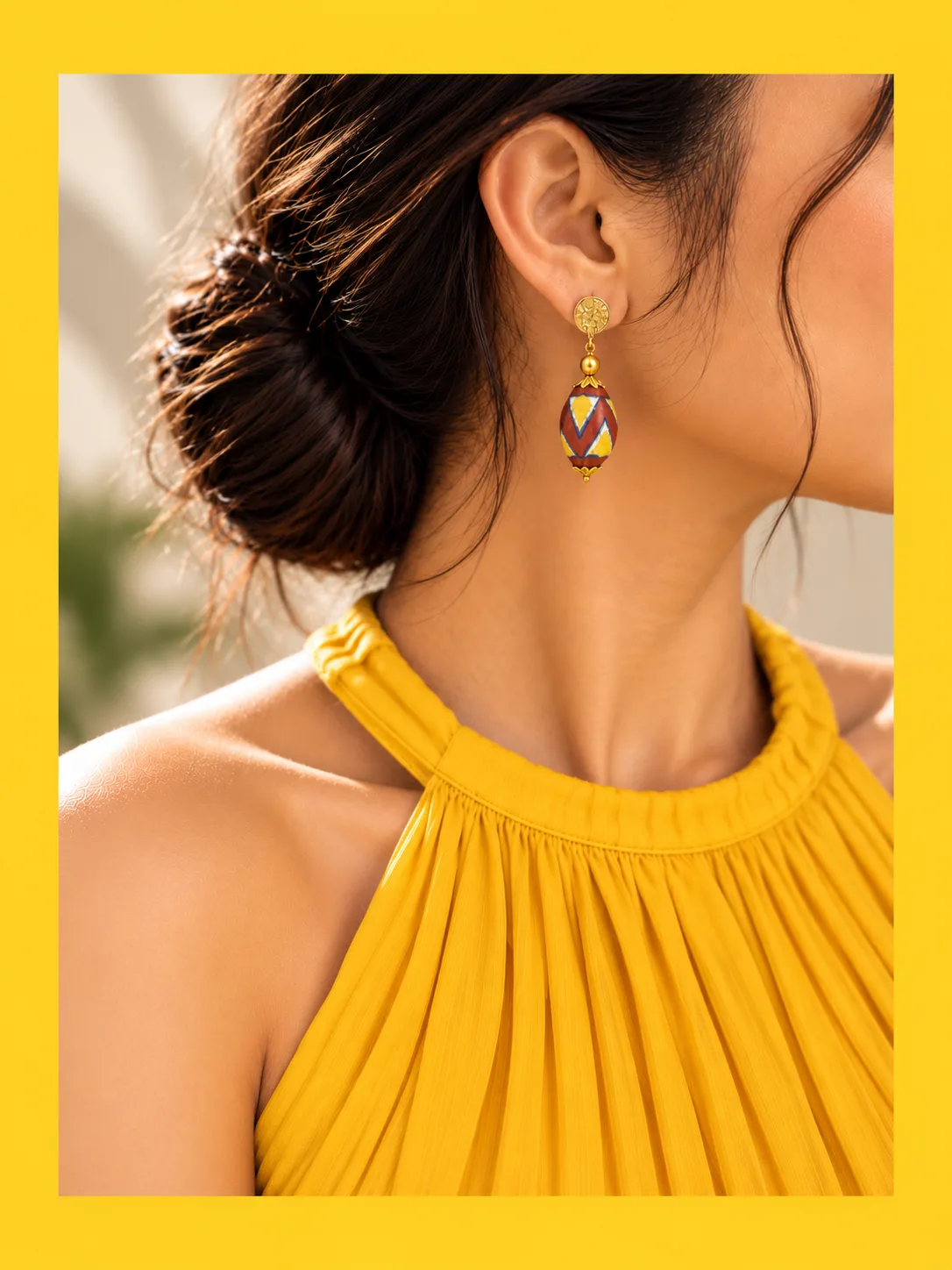Maroon and Yellow Long Blue Pottery Earring — 4