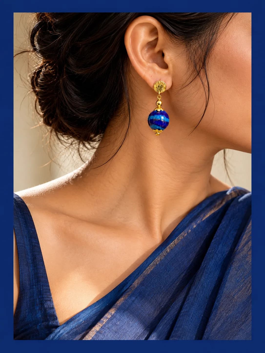 Indigo and Blue Stripes Blue Pottery Earring — 2