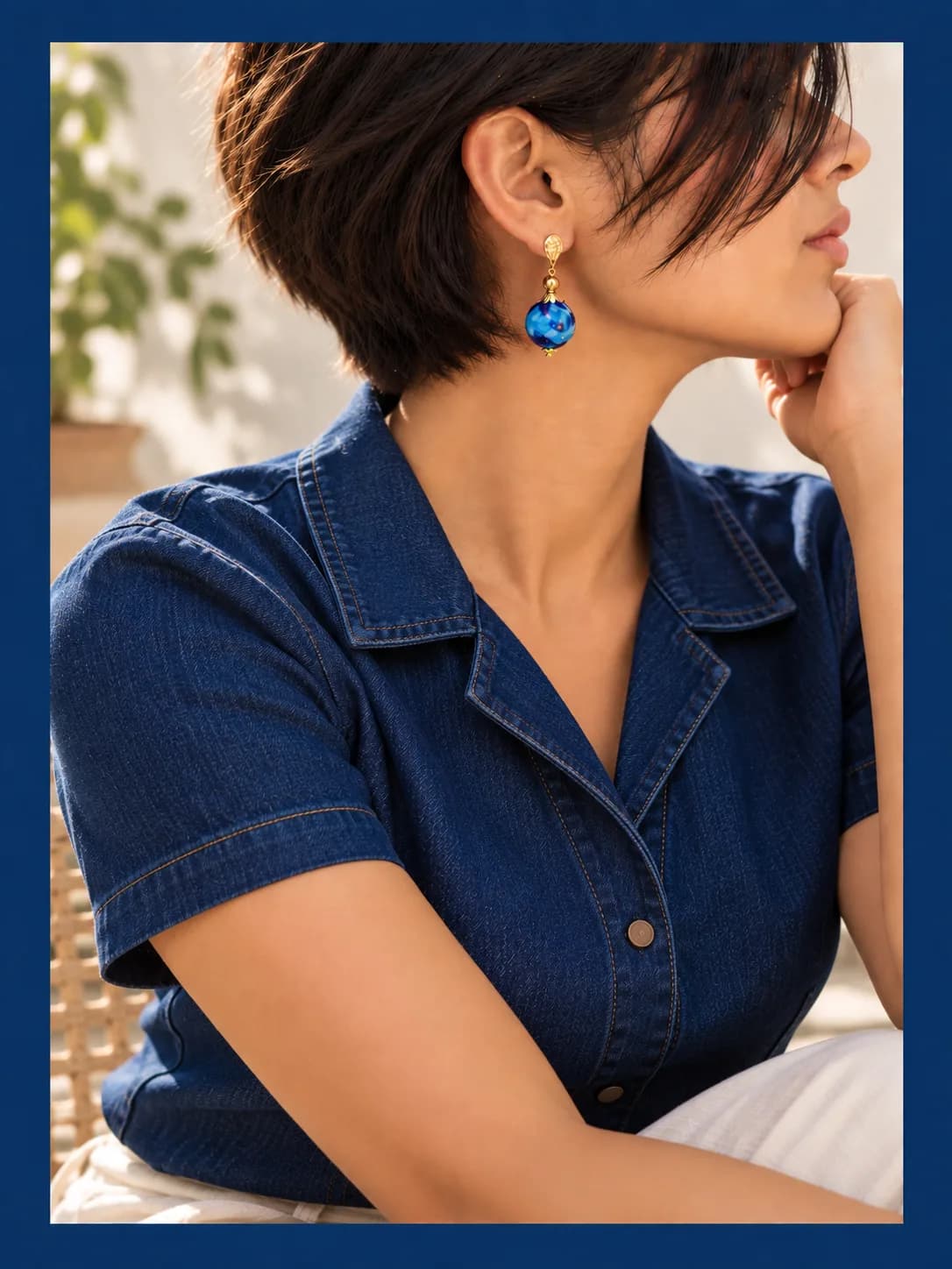 Indigo Flower Blue Pottery Earring — 2