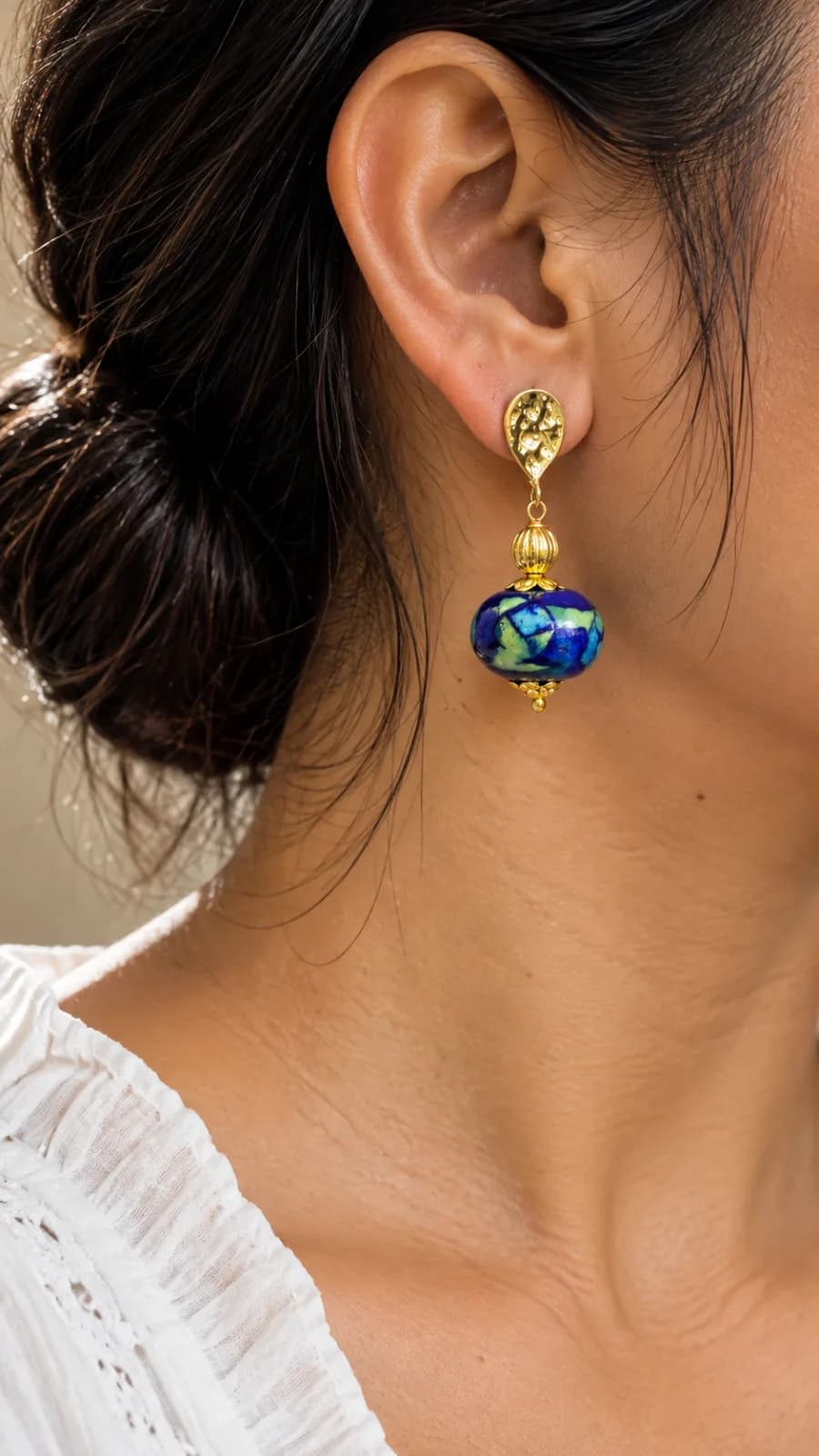 Indigo Flat Floral Blue Pottery Earring — 2