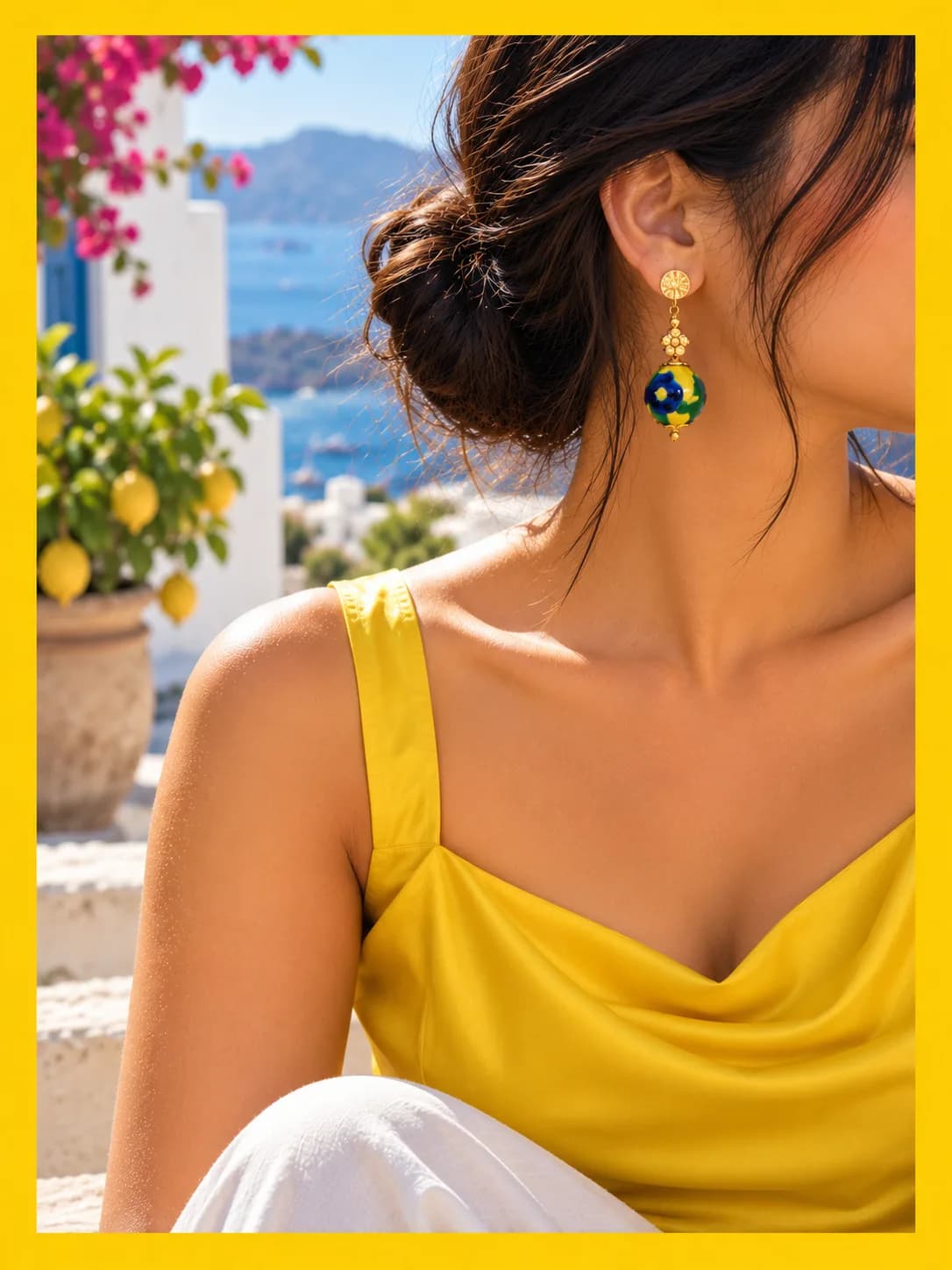 Blue and Yellow Long Blue Pottery Earring — 3