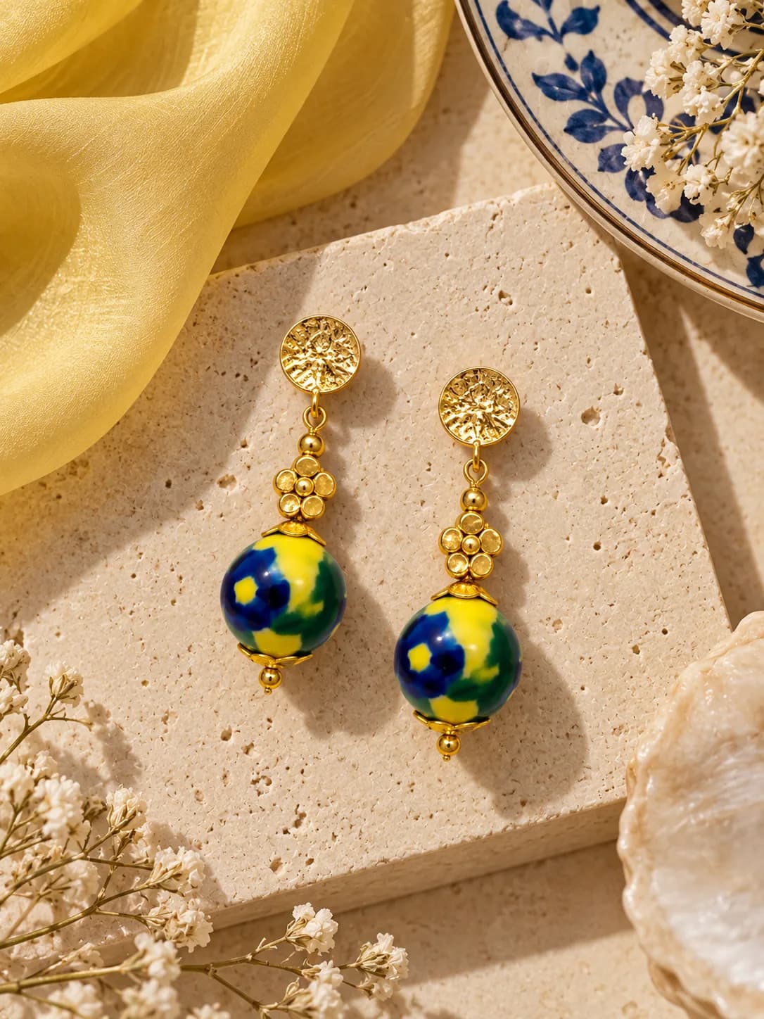 Blue and Yellow Long Blue Pottery Earring — 1