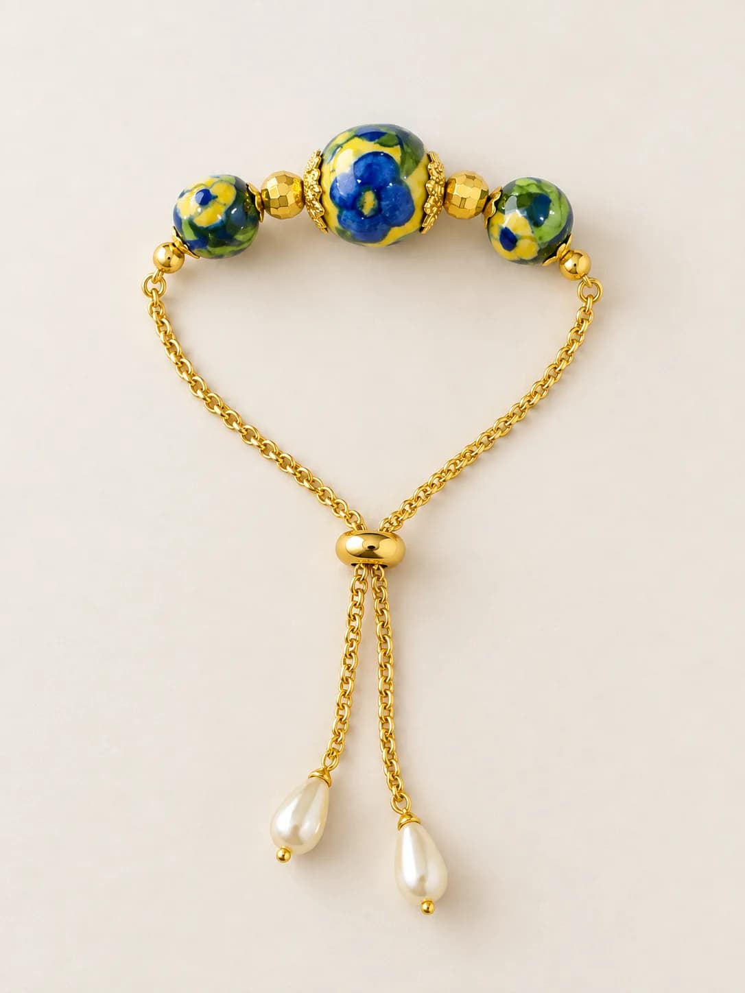 Blue and Yellow Floral Blue Pottery Bracelet — 2