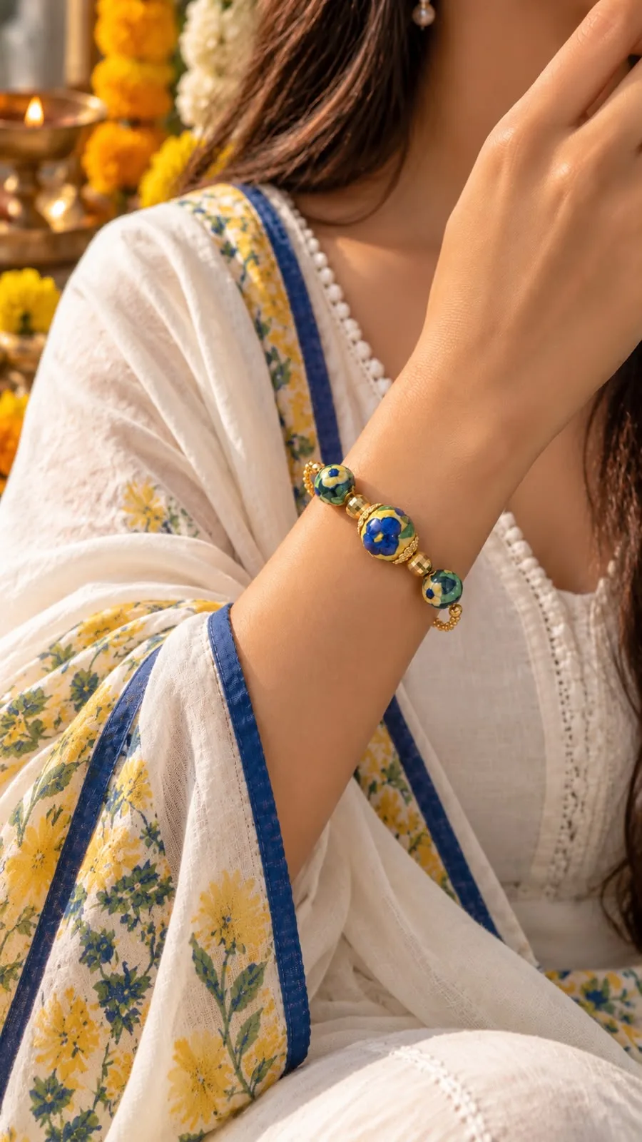 Blue and Yellow Floral Blue Pottery Bracelet — 3