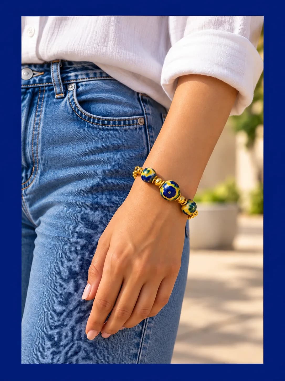 Blue and Yellow Floral Blue Pottery Bracelet — 4