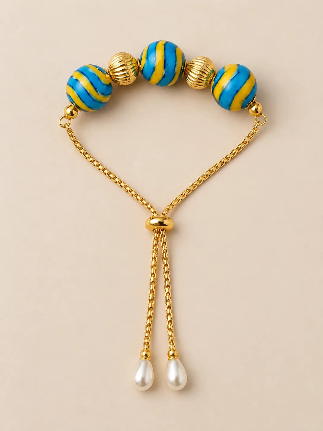 Yellow and Blue Stripes Blue Pottery Bracelet — 2