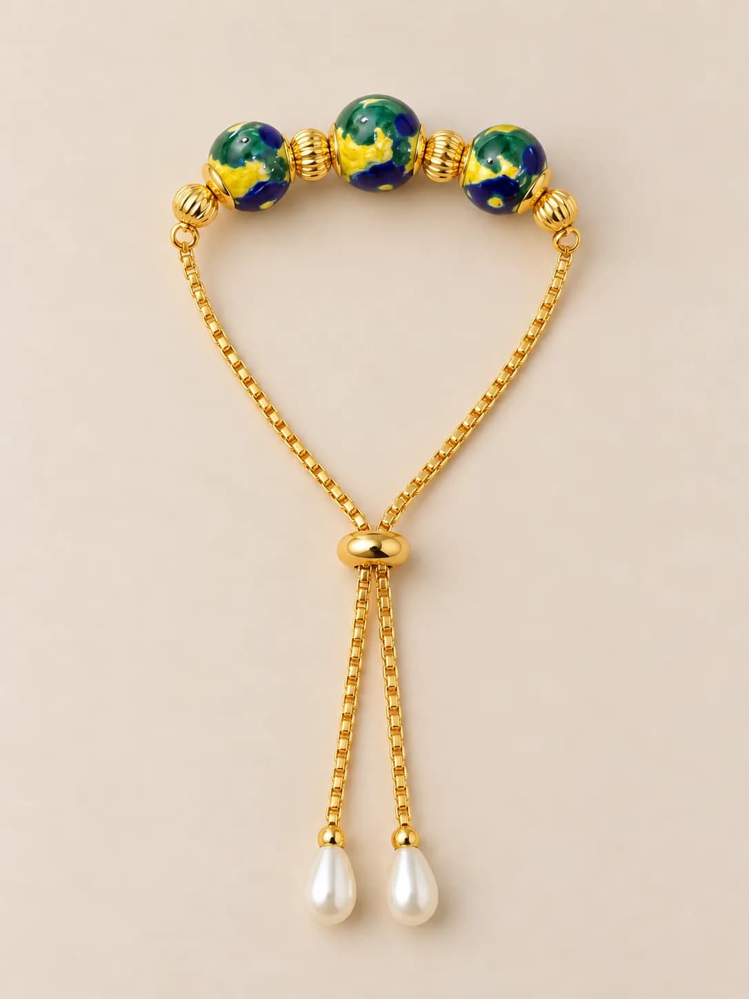 Yellow and Green Floral Blue Pottery Bracelet — 2