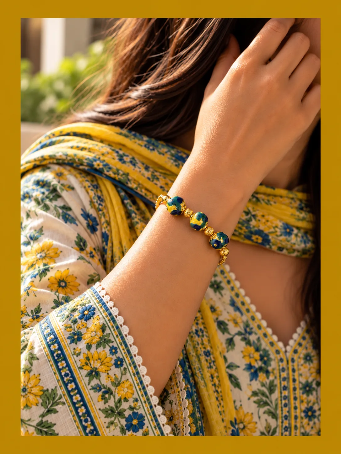 Yellow and Green Floral Blue Pottery Bracelet — 3