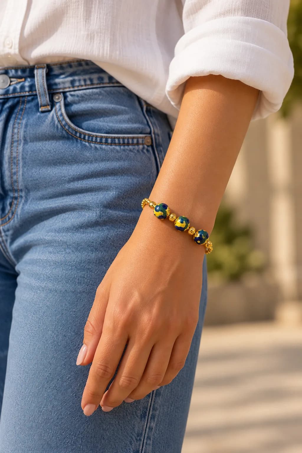 Yellow and Green Floral Blue Pottery Bracelet — 4