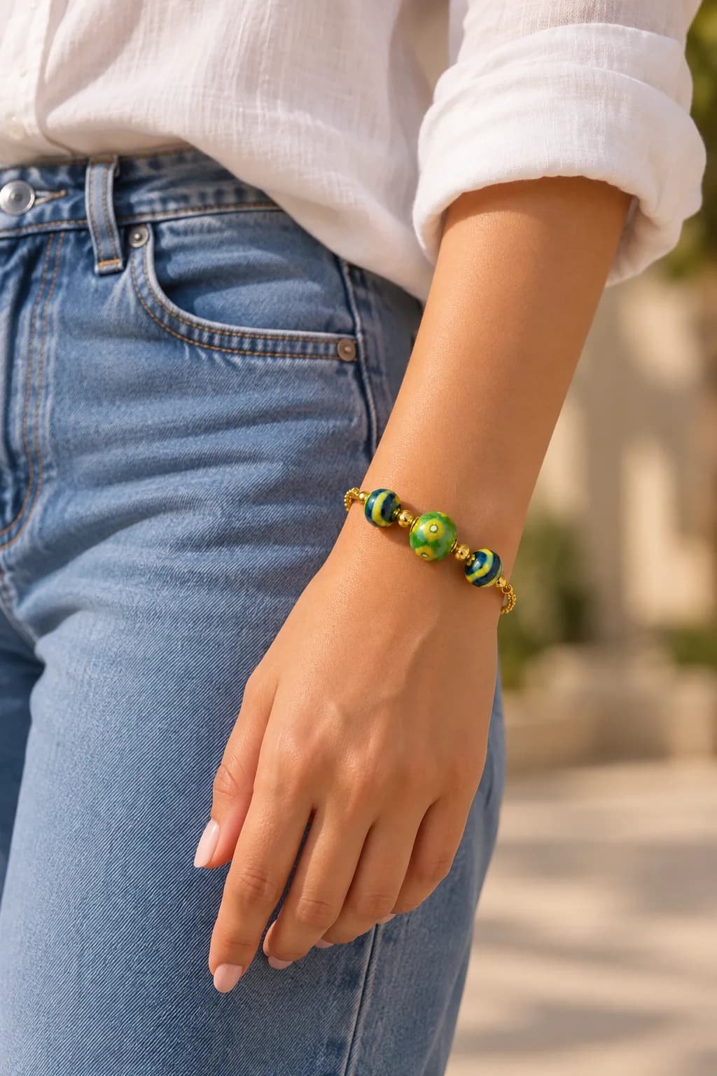 Yellow and Green Blue Pottery Bracelet — 1