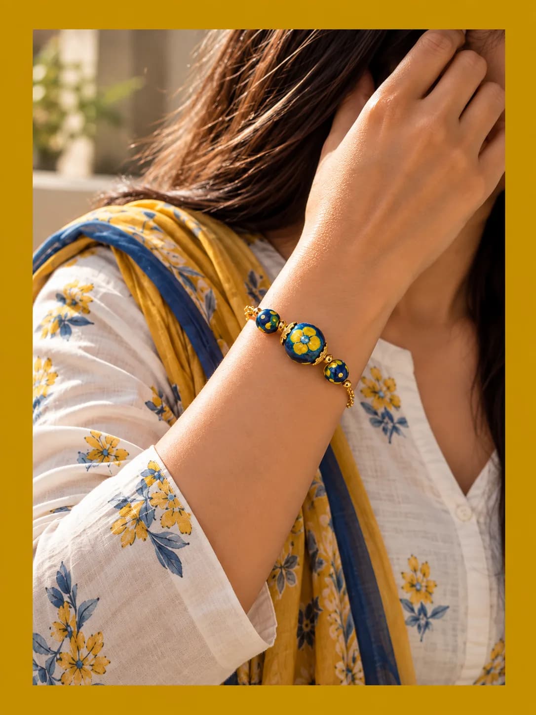 Yellow and Blue Floral Blue Pottery Bracelet — 3