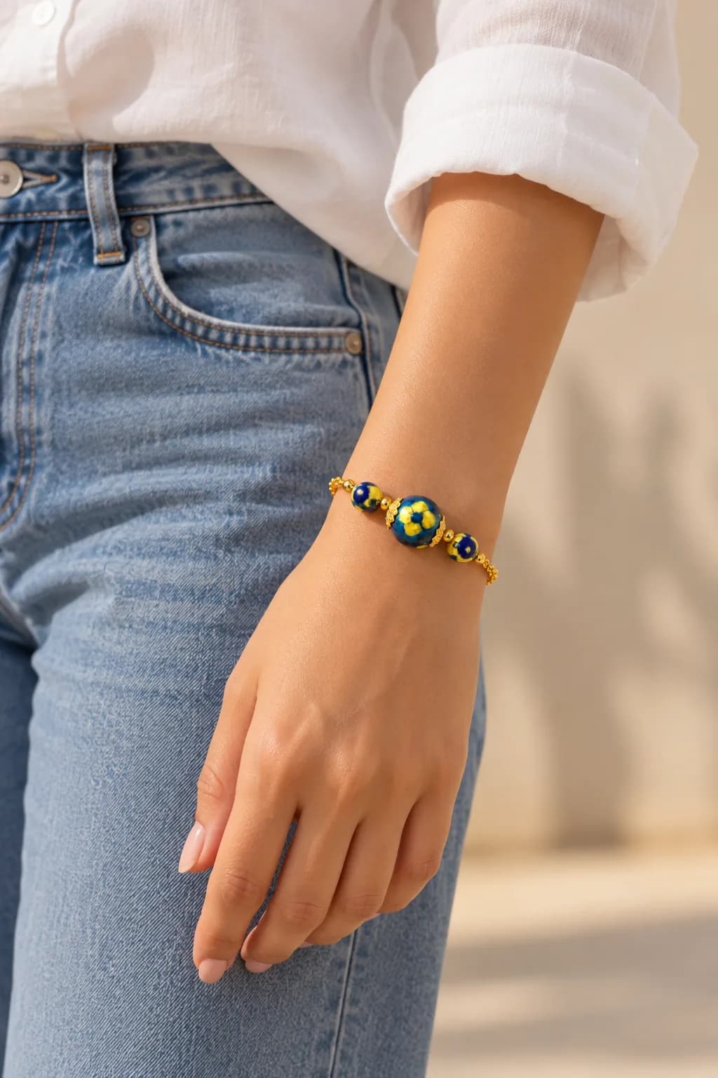 Yellow and Blue Floral Blue Pottery Bracelet — 1
