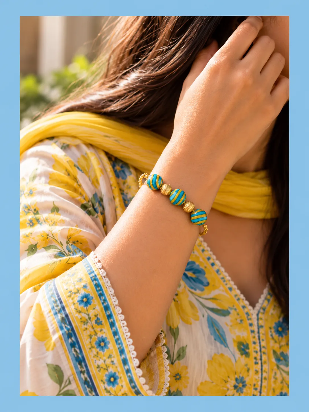 Yellow and Blue Stripes Blue Pottery Bracelet — 3