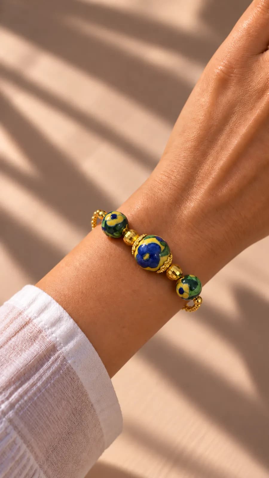 Blue and Yellow Floral Blue Pottery Bracelet — 1