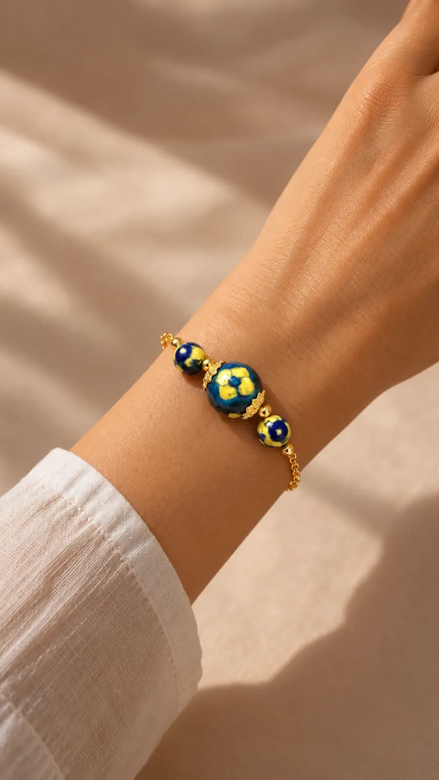 Yellow and Blue Floral Blue Pottery Bracelet — 4