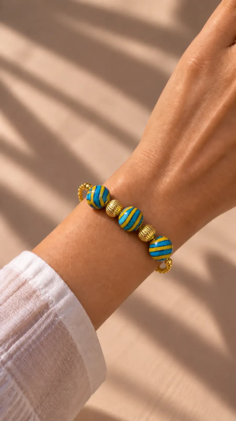 Yellow and Blue Stripes Blue Pottery Bracelet — 1