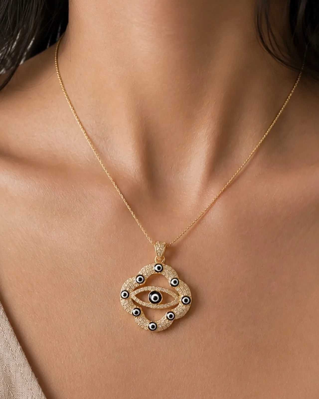 Evil Eye Pendant (Black) with Cubic Zirconia — 2