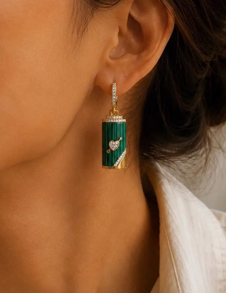 Dark Green Heart in a Box Earring — 2