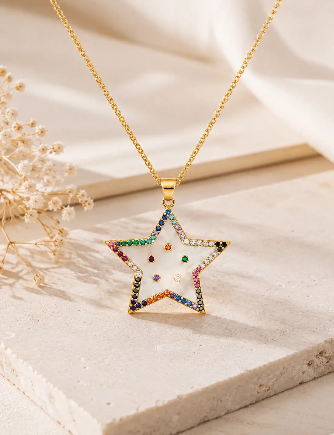 Multicolour Stone-Studded Star Pendant with mother-of-pearl enamel — 2