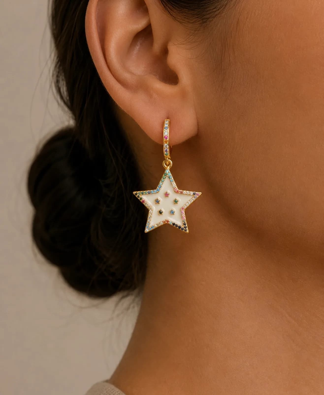 Multicolour Stone-Studded Star Earring with mother-of-pearl enamel — 2
