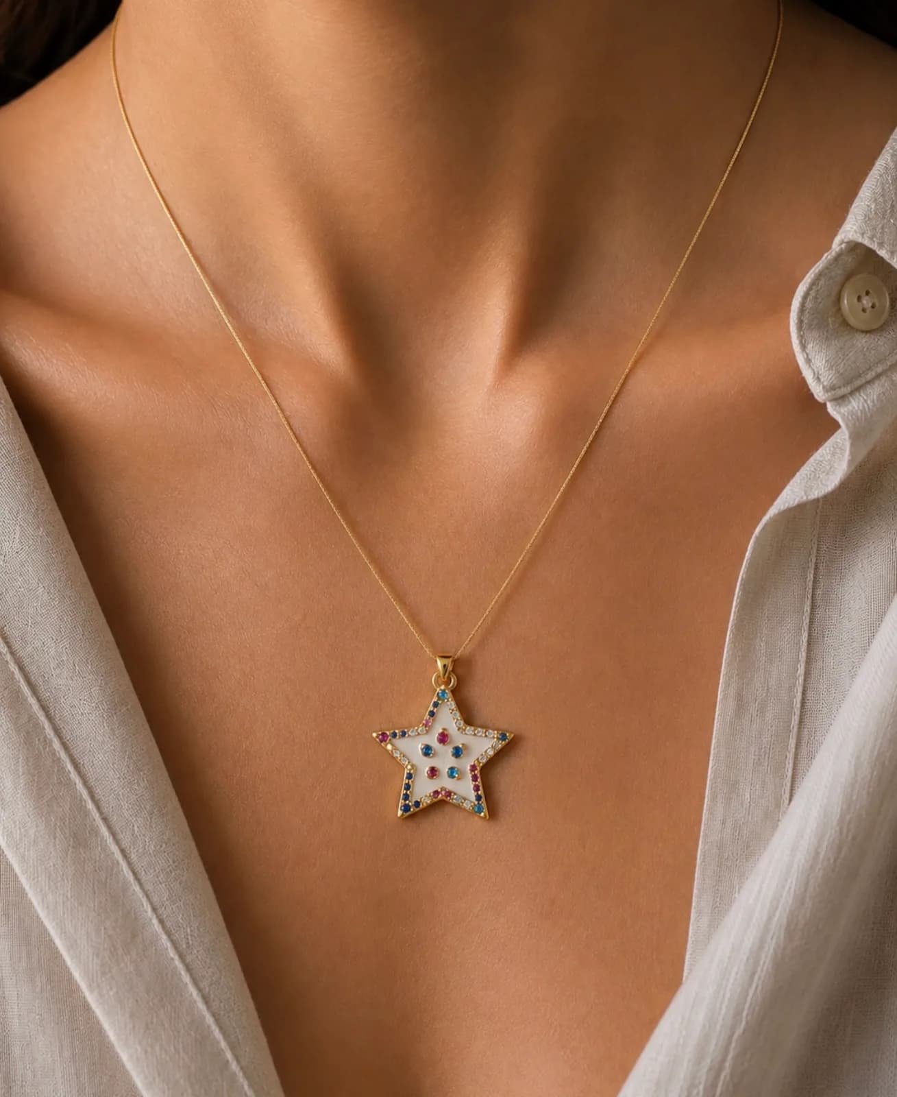 Multicolour Stone-Studded Star Pendant with mother-of-pearl enamel
