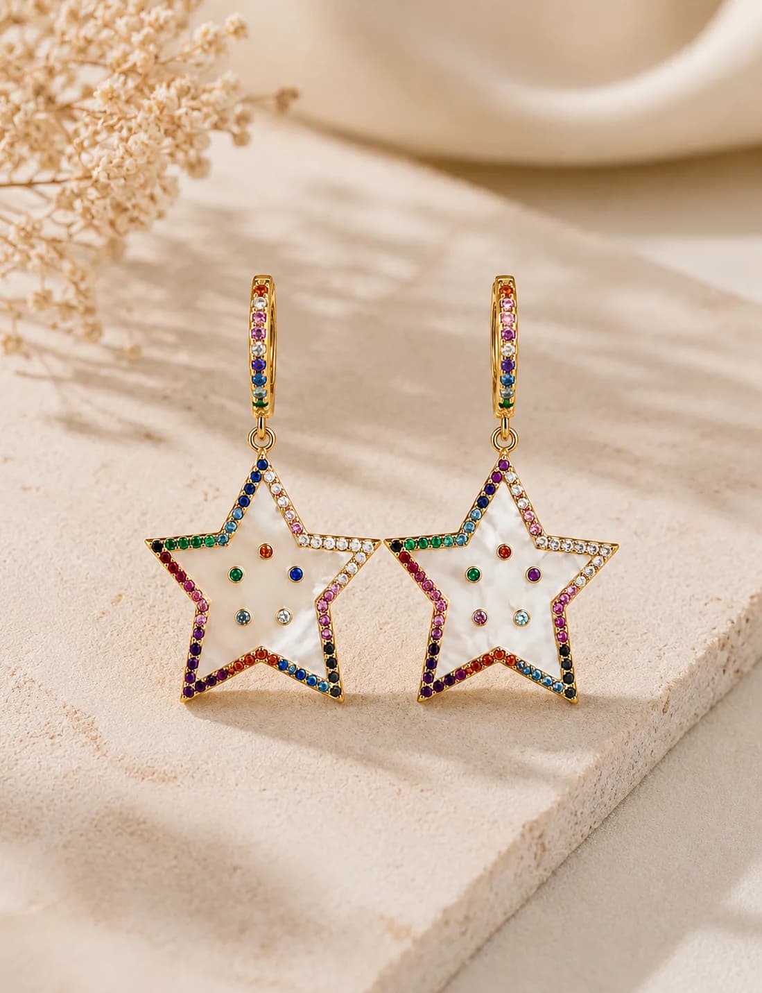 Multicolour Stone-Studded Star Earring with mother-of-pearl enamel