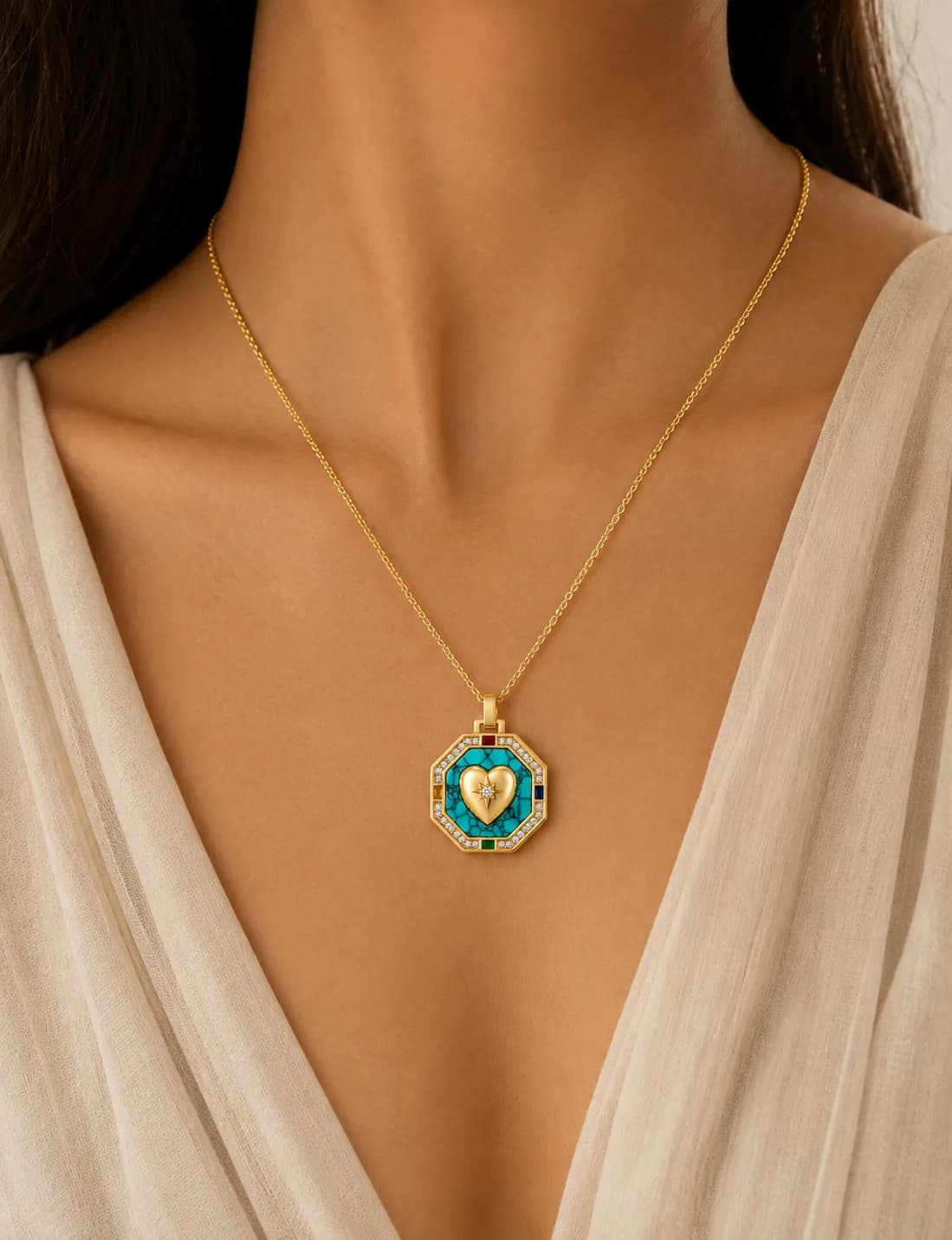 Firoza Octagon Heart Pendant