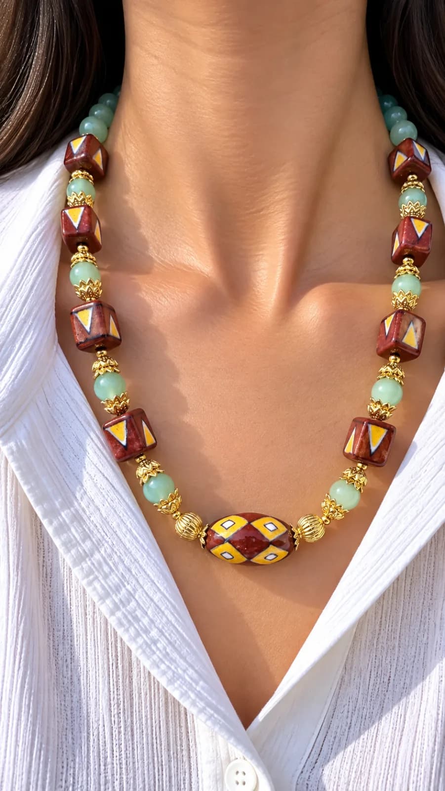 Terracotta Red and Green Blue Pottery Necklace