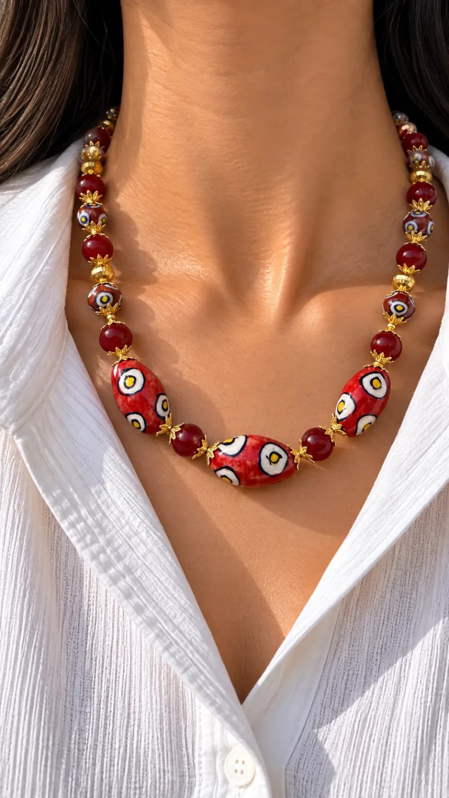 Terracotta Red Blue Pottery Necklace
