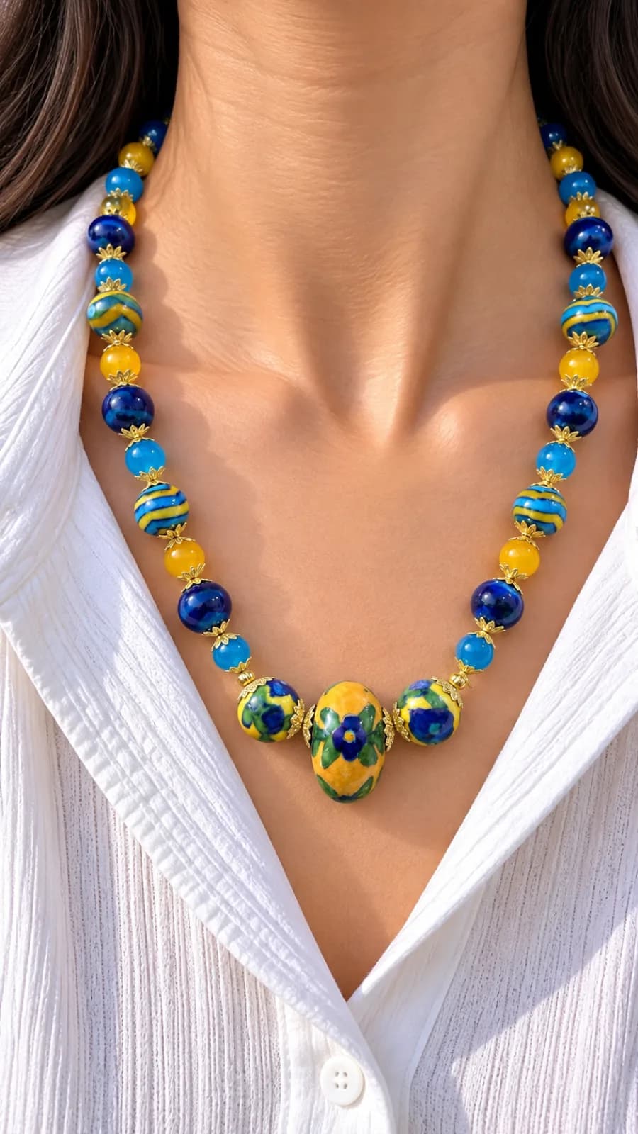 Yellow and Indigo Blue Pottery Necklace