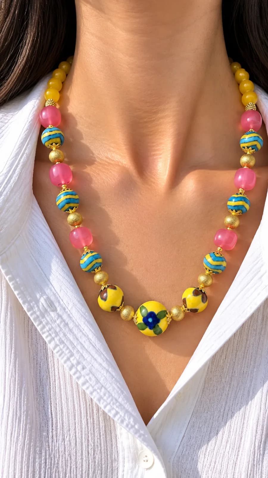 Yellow and Pink Blue Pottery Necklace